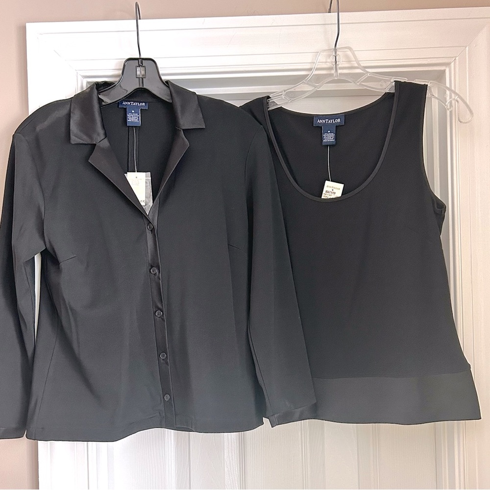 And Taylor black satin tank and jacket set. Jacket is a medium. Top is a small.